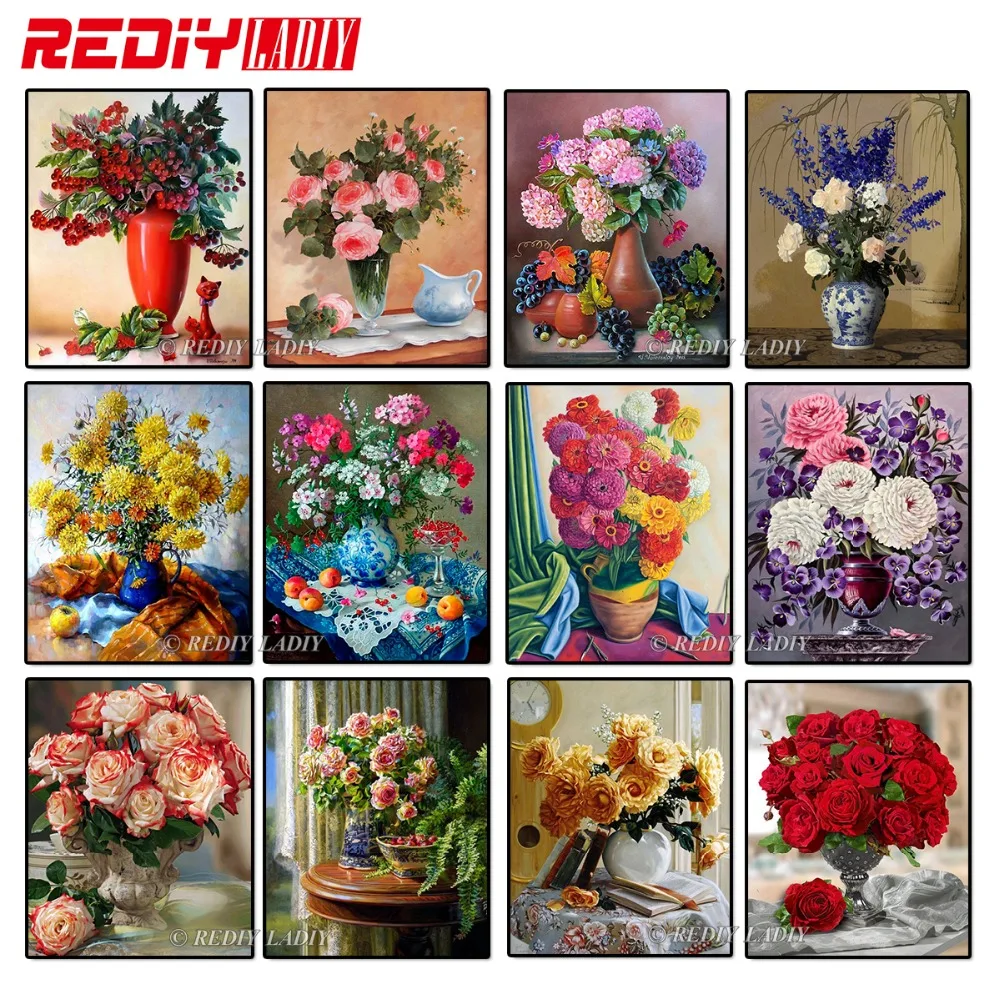 MF84686A  REDIY LADIY Diamond Pattern Still Life Flowers 5D Diamond Embroidery Square Rhinestones Needlework Diamond Painting Cross Stitch
