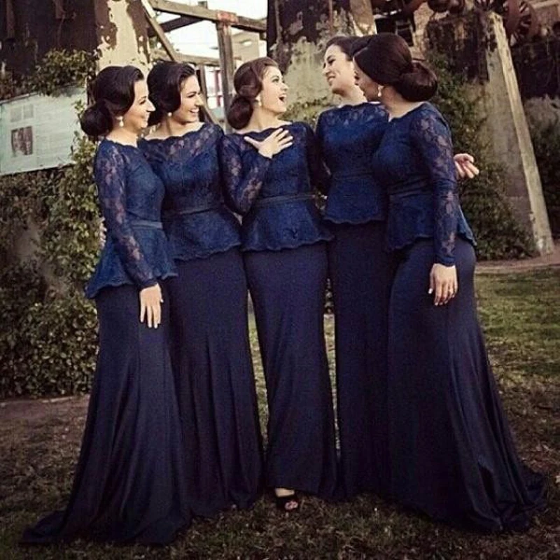 Hot 2017 Long Sleeves Lace Mermaid Bridesmaid Dresses Bateau Floor Hot 2017 Long Sleeves Lace Mermaid Bridesmaid Dresses Bateau Floor Length Navy Blue Elegant Plus Size Maid Of Honor In From Weddings