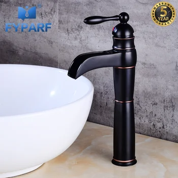 

FYPARF Supper High Quality Tall Sink Faucet Bathroom Tap Black Faucet Brass Water Faucet Single Handle Vessel Waterfall Faucet