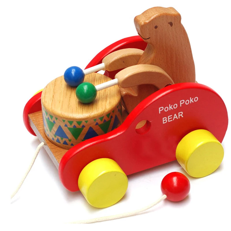 Wooden Bear Pull Carts Toy Musical Instrument Knock Drum Pulling