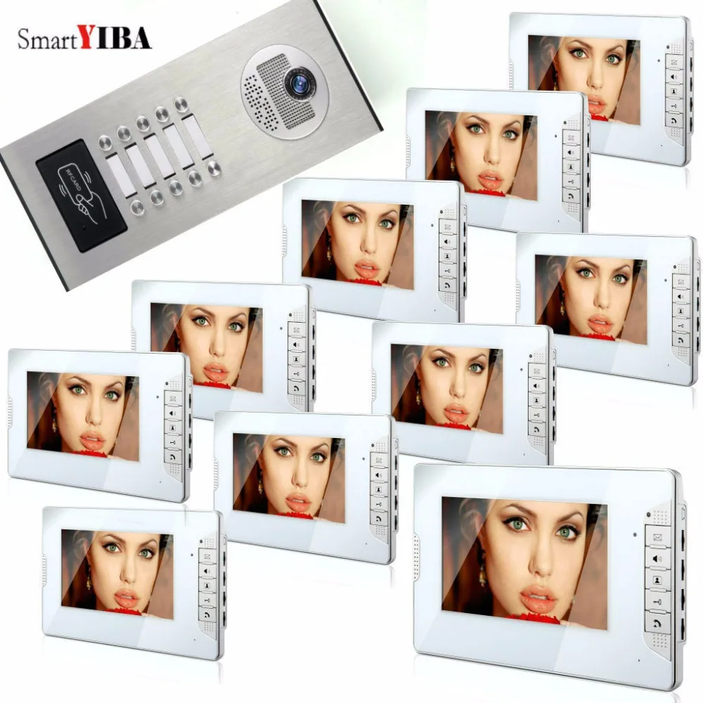 

SmartYIBA 10 Units Apartments 7" Color Screen Video Intercom Door Phone Unlock System IR Night Vision Door Camera With RFID Card