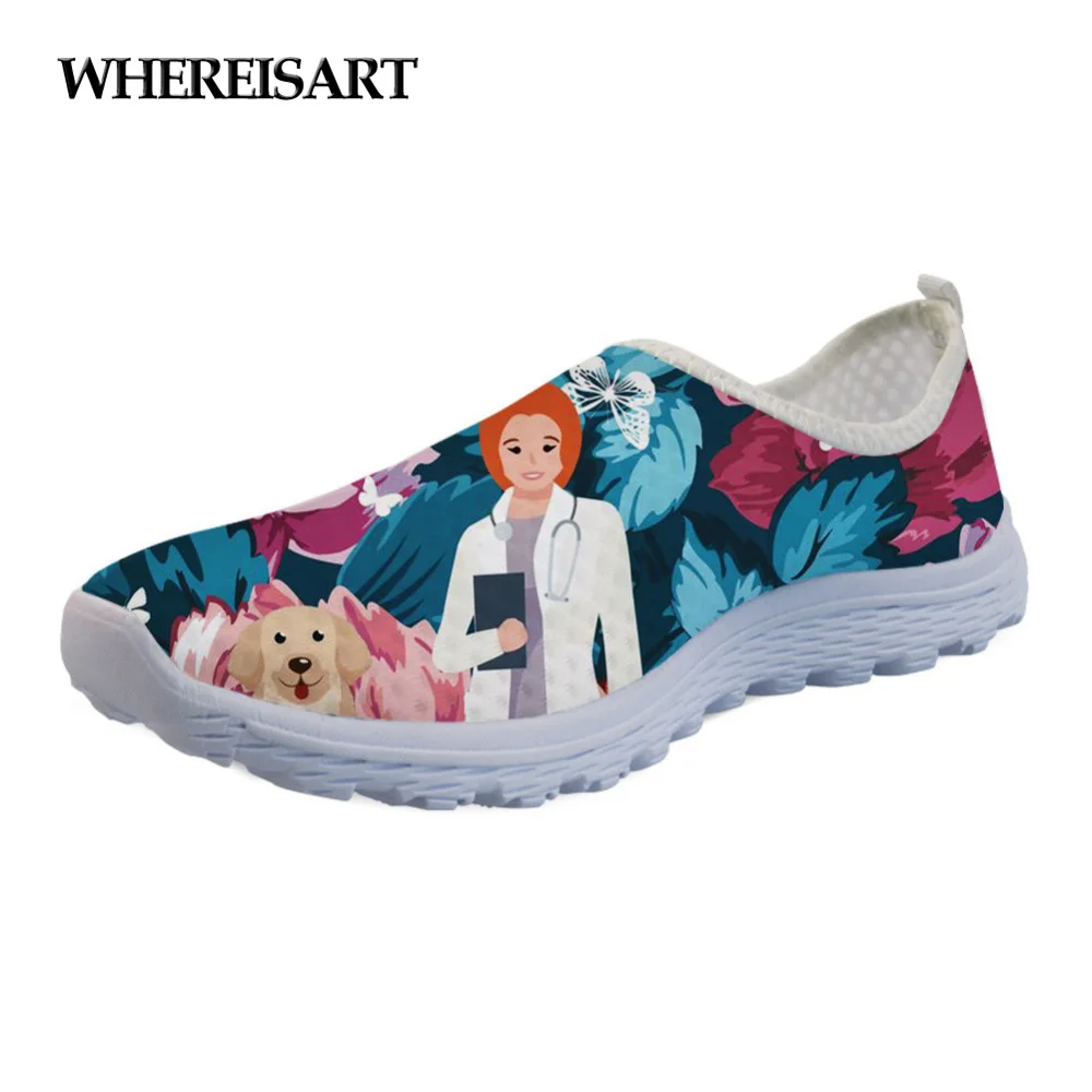 

WHEREISART Women's Sneakers Flats Casual Floral Veterinarian Pattern Ladies Spring Summer Comfortable Mesh Shoes for Women 2019