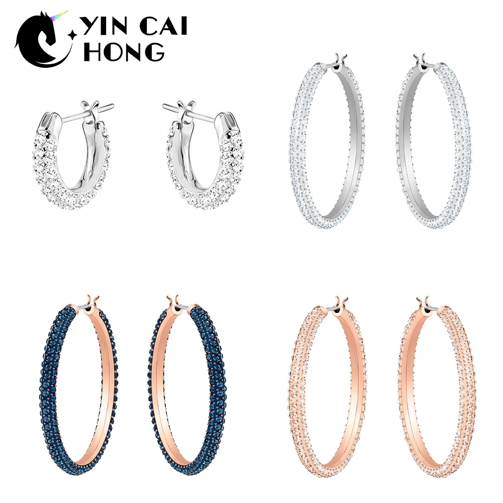 

YCH SWA STONE Elegant and Charming Rose Gold Large Circle Fringed Perforated Hoop PIERCED Long Earring Decorated Pave Crystal