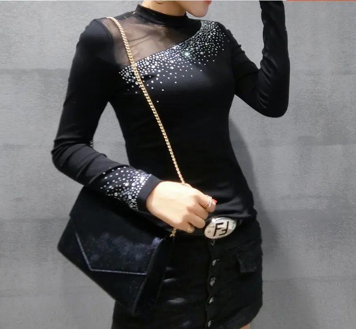 Модная весенне-осенняя черная блузка с длинным рукавом и стоячим воротником, женские топы с бриллиантами, блузки, женские рубашки, Сексуальные вечерние женские футболки NS581