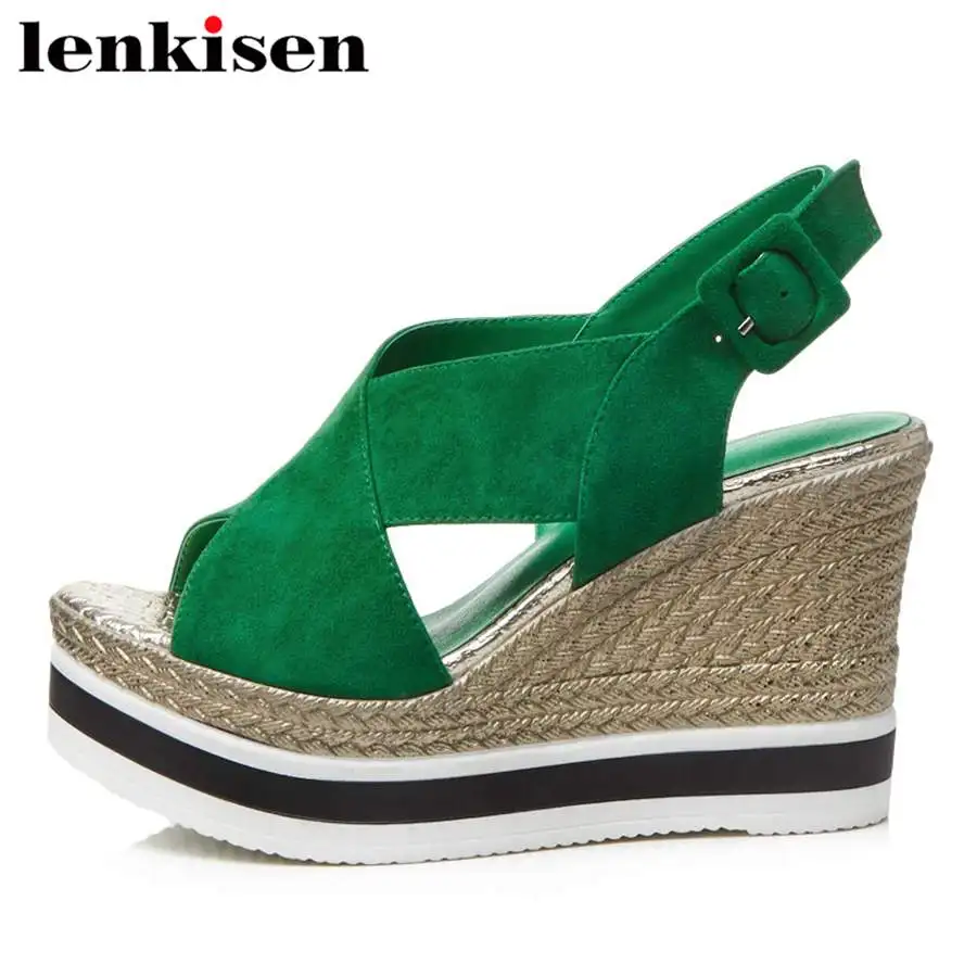 

Lenkisen straw adornment solid buckle strap kid suede peep toe super high bottom slingback dress women breathable sandals L67