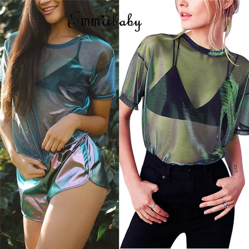 

Summer Sexy Mesh T-Shirt Women Short Sleeve Shirt Crew Neck Women's Loose Transparent Tees Tops Hollow T Shirt
