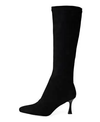 Europe Station Square Toe Thin High Heel Women Boots Stretch Fabric Snake Pattern Patchwork Leather Suede Booties Woman - Цвет: 06
