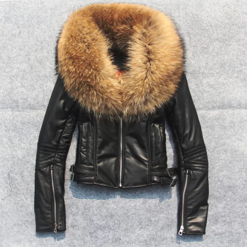 

Top Quality Black Yellow Red Fashion Sheepskin Raccoon fur collar Jacket