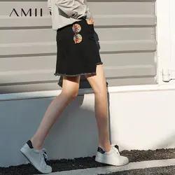 Amii минималистский джинсовая юбка для женщин 2019 повседневные однотонные джинсовые вышивка Империя рваные Винтаж Женский мини юбки