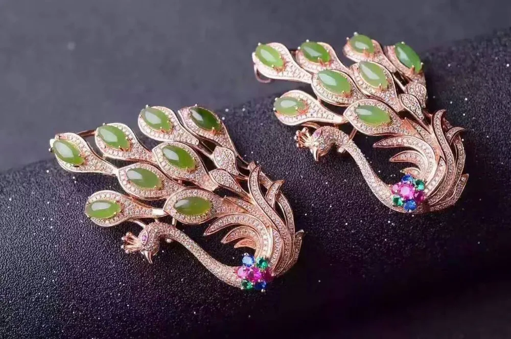  Bohême élégant paon deux utilisations naturel vert jaspe pendentif pierre naturelle pendentif broch