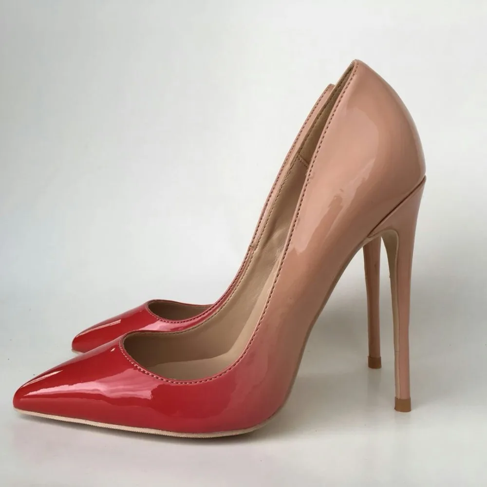

Keshangjia Top Quality red Nude Gradient Color 12/10/8CM Women Pumps Pointed Toe High Heels Patent Leather Women Party Shoes