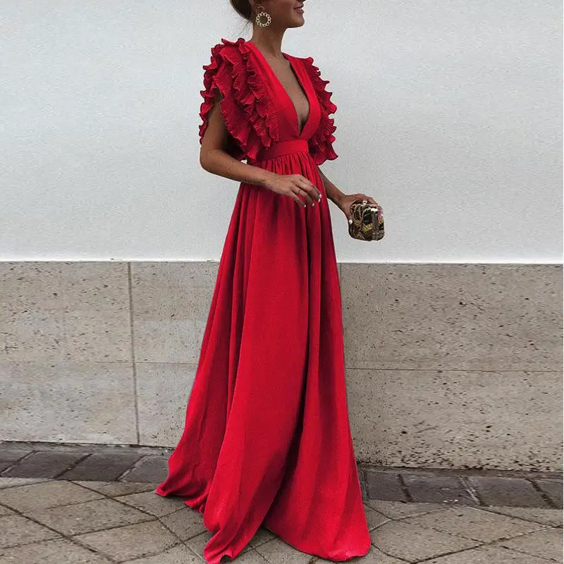 Women Sexy Deep V Neck Backless Maxi Dress Summer High Waist Ruffles Long Dress Vintage Boho Beach Party Dresses Dresses