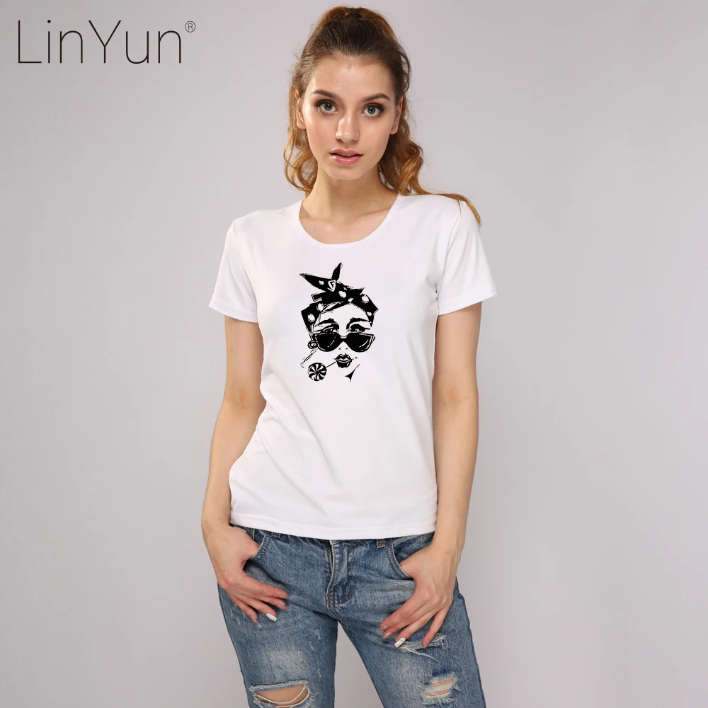 LINYUN Fashion Girl Printed Cotton Women's Tshirts Funny Slim Elastic