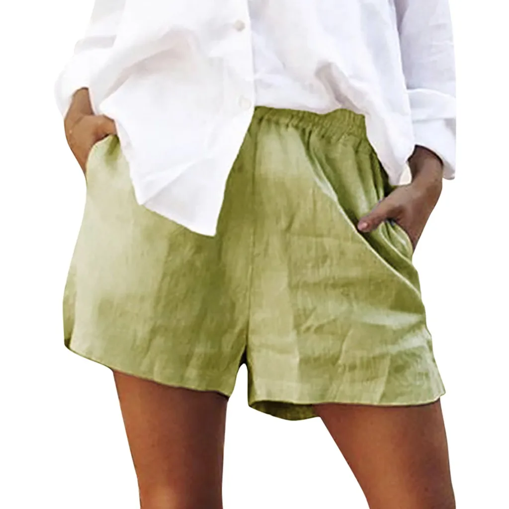 Женская мода сплошной цвет хлопок лен эластичные короткие размера плюс S-5xl шорты