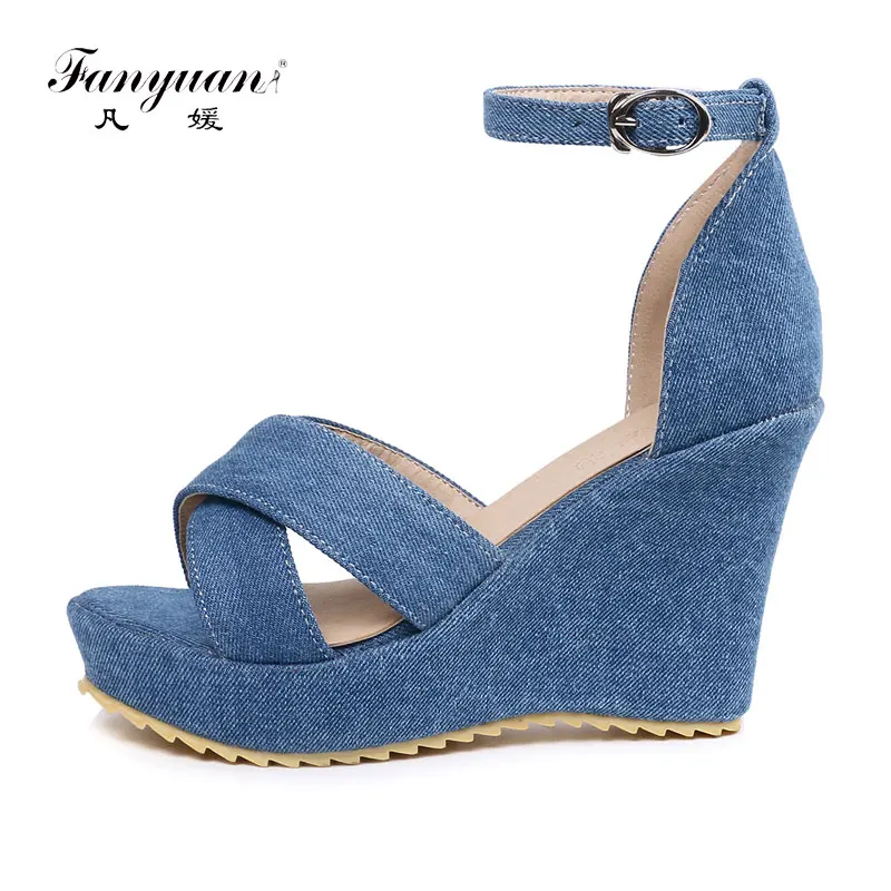 

Fanyuan Ankle Strap Sandals ladies Platform Wedges Sandals Summer Open toes Denim shoes women Dress high Heels sandalia feminina