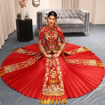 

Chinese Embroidery Dragon Cheongsam Set Red Rhinestone High Quality Female Qipao Full Length Elegant Bride Dress Gold Tassels