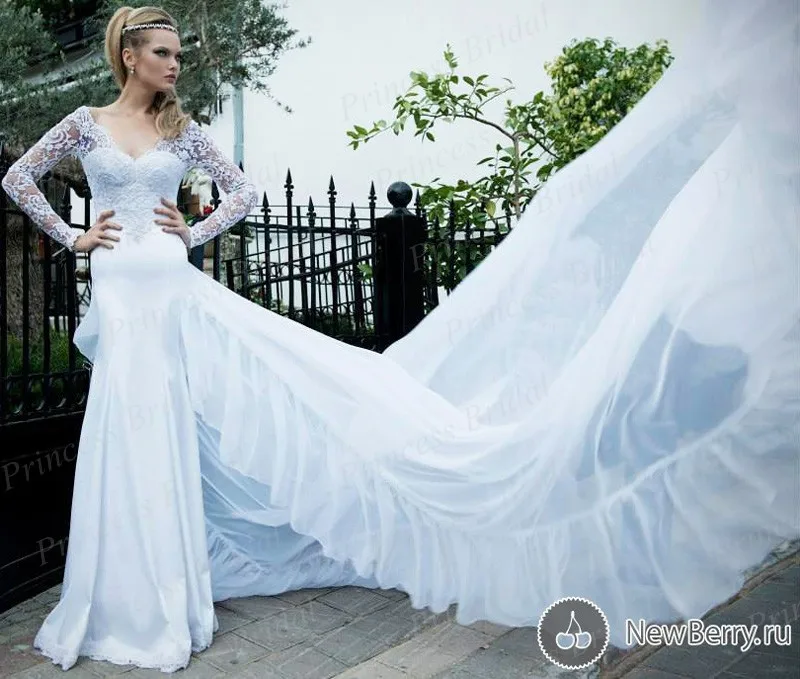 2015 Bride font b Dress b font For Women Fashionable V Neck Top Lace Sweep Train