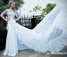 2015 Bride Dress For Women Fashionable V Neck Top Lace Sweep Train White Elegant Mermaid Long Sleeve Wedding Dresses MF635