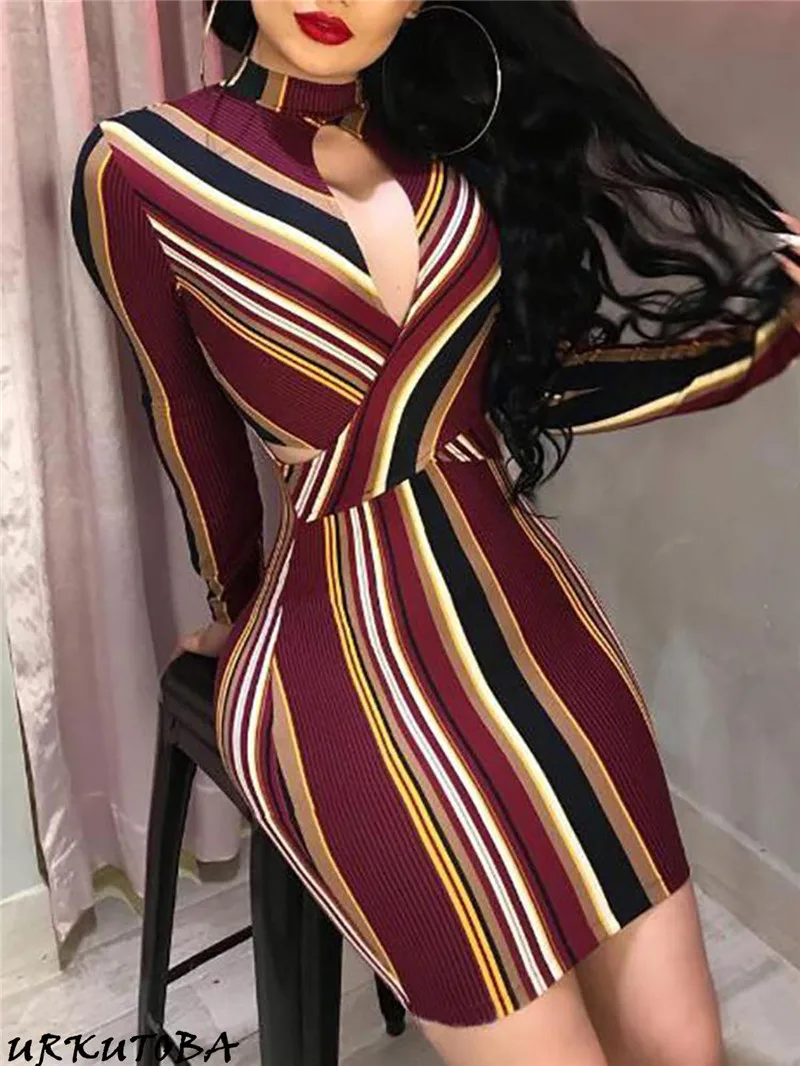 

2019 Newest Hot Women Sexy Slim Fit Breast Open Halter Long Sleeve Bodycon Dress Stripe Pencil Cocktail Party Dress Clubwear W3