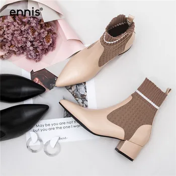 

ENNIS 2019 Pink Black Pointed Toe Boots Women Genuine Leather Ankle Boots Low Heel Knitted Shoes Designer Winter Boots NEW A8138