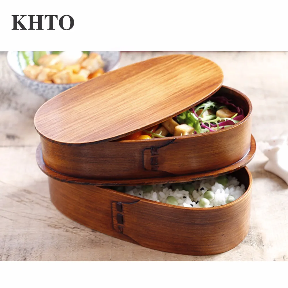 KHTO Wood Lunch Box Wooden Bento Lunch Boxes Outdoor Picnic Kid Student