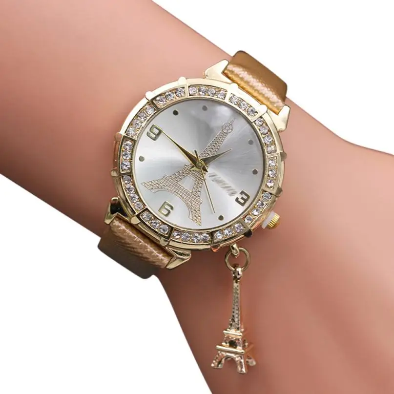Кварцевые наручные часы Montre Femme с Эйфелевой башней часы с кожаным ремешком со стразами роскошные женские часы из сплава 17DEC27