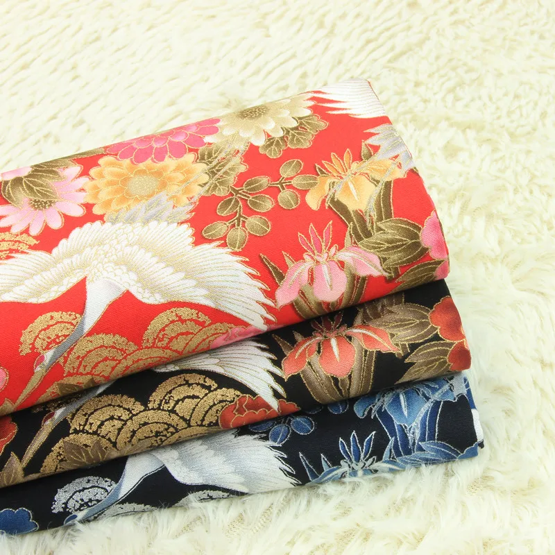 

half yard Japanese soft breeze crane gilt printed fabric, handmade DIY patchwork bag mouth gold package cloth 100% cotton A890