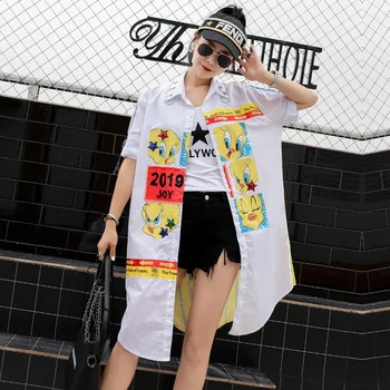 

2019 summer new style street fashion cartoon sequined shirt female long section loose wild cardigan short-sleeved shirt