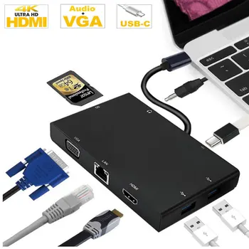 

USB3.1 Type-c Hub Adapter HDMI VGA Ethernet RJ45 SD Card Reader with 3.5mm Audio Port 8 in 1 Converter for Macbook MateBook