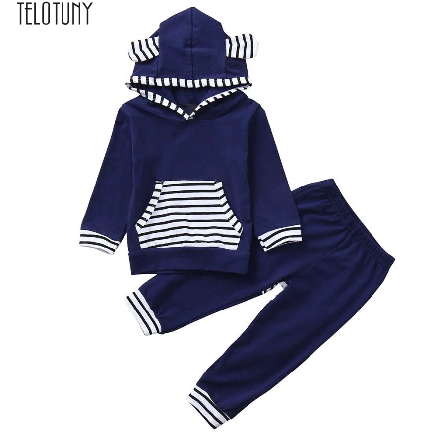 

TELOTUNY children clothing set Autumn and winter long sleeve suit Boys Girls Hooded Tops Striped Print Pants Outfits Set Z0829