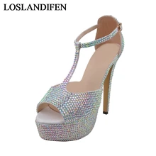 Summer Sandals Woman Sexy Silver Ankle Strap High Heel Bling Rhinestone Bride Bridesmaid Pumps Bridal Wedding Shoes NLK-A0148 summer mary janes bling multi gem rhinestone studs metal cage heel satin women ankle strap bridal crystal wedding pumps shoes