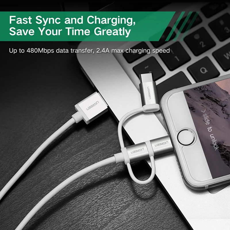 Ugreen USB кабель для iPhone XS X 8 7 6 зарядное устройство 2 в 1 Micro Android Type c кабели мобильных