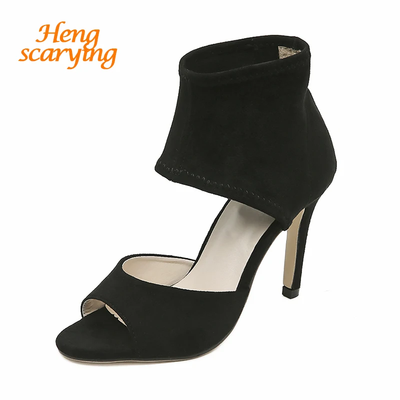 

2018 Summer Woman 10cm Fetish High Heels Roman Sandals Female Gladiators Flock Sandals Lady Footwear Scarpins Stiletto Pumps