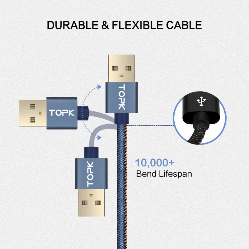 Кабель type C Topk [1 2 м 1 8 м] джинсовый Плетеный USB позолоченный кабель для быстрой
