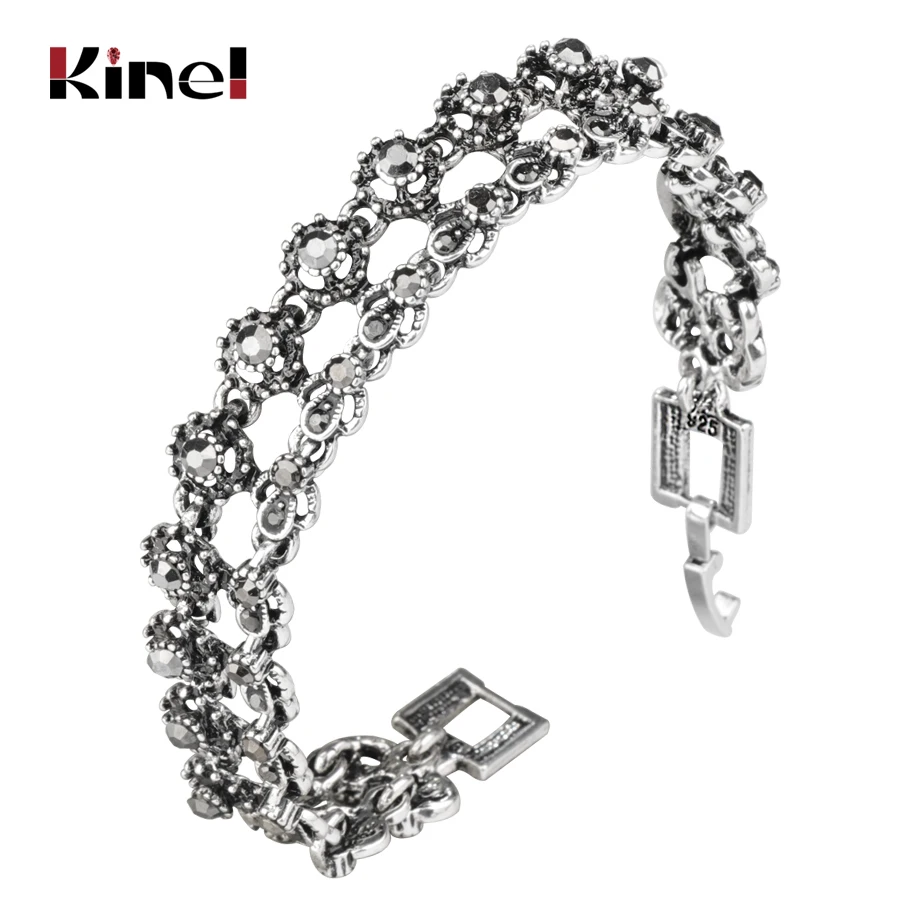 

Kinel Charm Bright Black Crystal Bracelet For Women Antique Silver Color Punk Geometric Metal Link Bracelets Vintage Jewelry