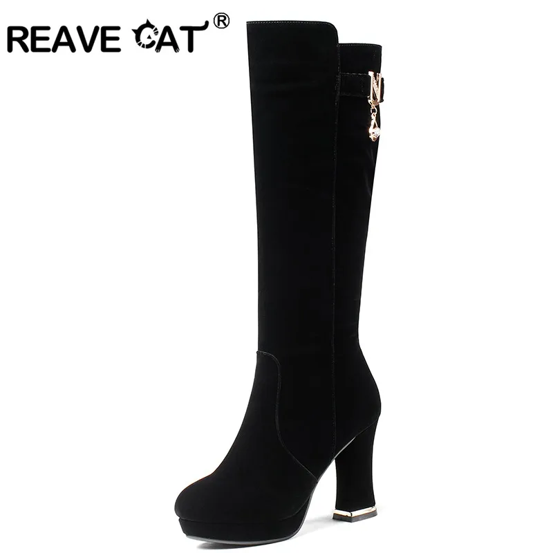 

REAVE CAT Shoes Woman Super High Heel Boots Women Knee High Boots Female Zipper Flock Slim Platform Round Toe Solid Boot A188