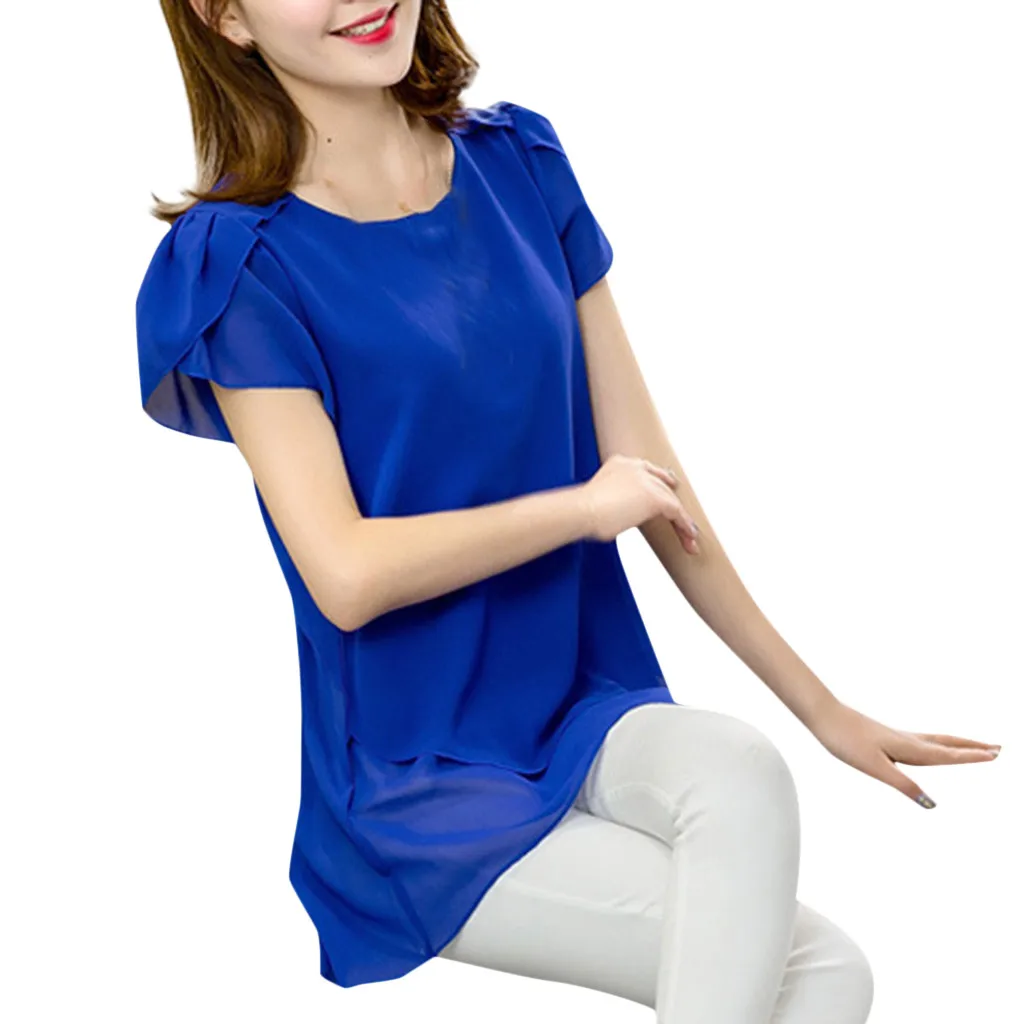 Ladies' Tops 2019 Women's Short-Sleeved Chiffon Shirt Tops Shirt Large Size Loose Long Section