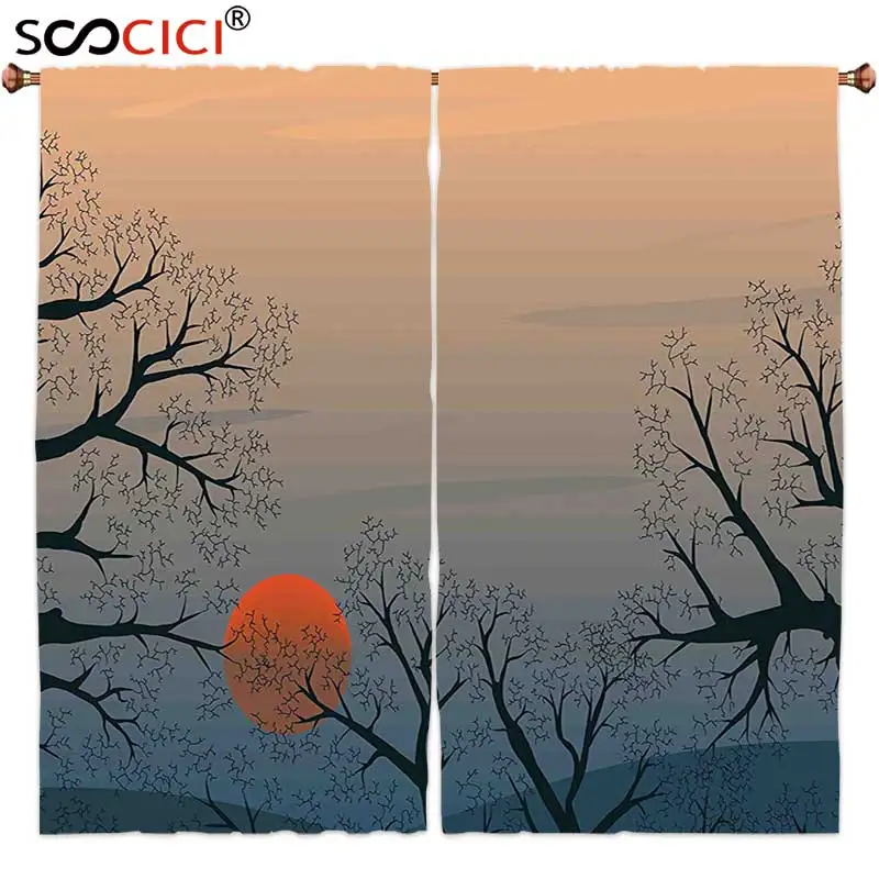 

Window Curtains Treatments 2 Panels,Nature Sun Rises between Tree Branches in Misty Weather Foggy Sky Illustration Slate Blue