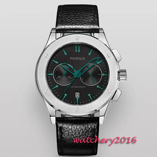 

Hot Newest parnis 44mm black dial Green Hands Stainless Steel Case Deployment Buckle Chronograph Quartz mechanical Men's Watch