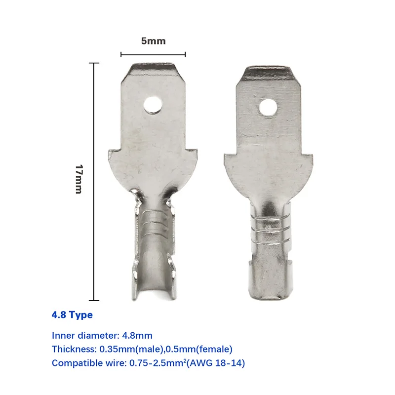 100 шт Серебряный обжимной Лопата клеммы комплект 2,8/4,8/6,3 мм Женский/мужской разъемы с 100 шт изоляционные муфты 22-16 AWG - Цвет: 4.8mm
