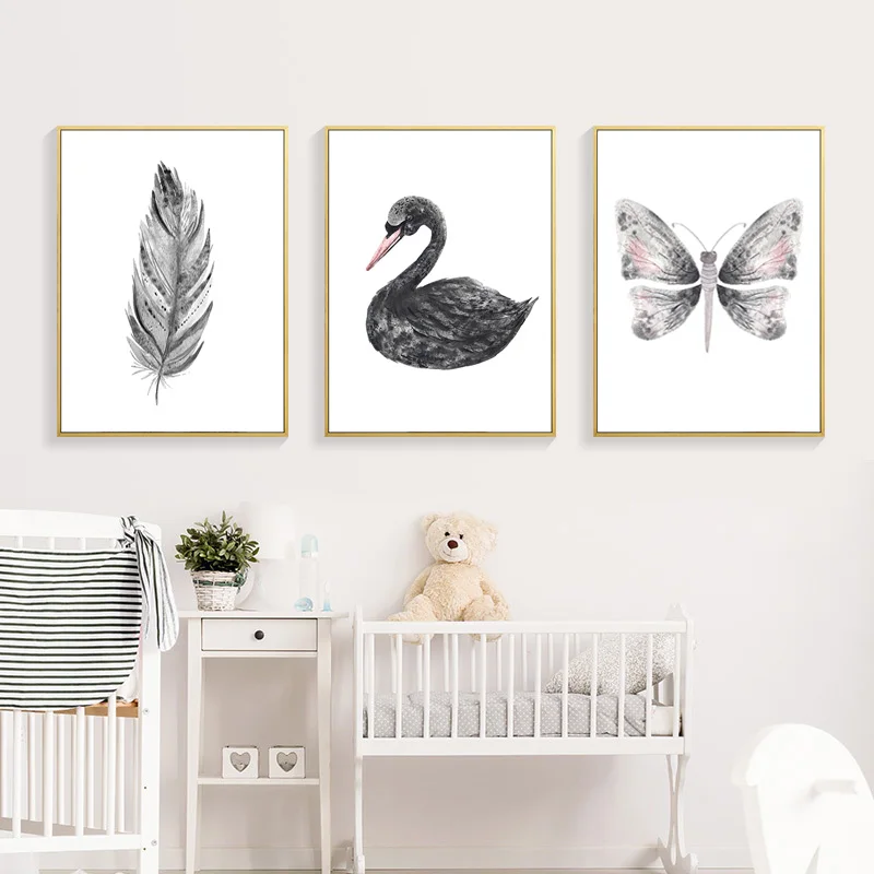 

Black Swan Nordic Poster Minimalist Painting Living Canvas Prints Black And White Feather Wall Art Print Wall Pictures Unframed