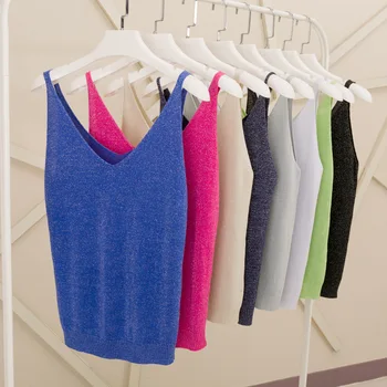 

Crop Tops Women 2018 Sexy Knitted Tank Top Gold Thread Top Vest Summer Camisole Women White Tank Top Fitness Femme Camis T Shirt