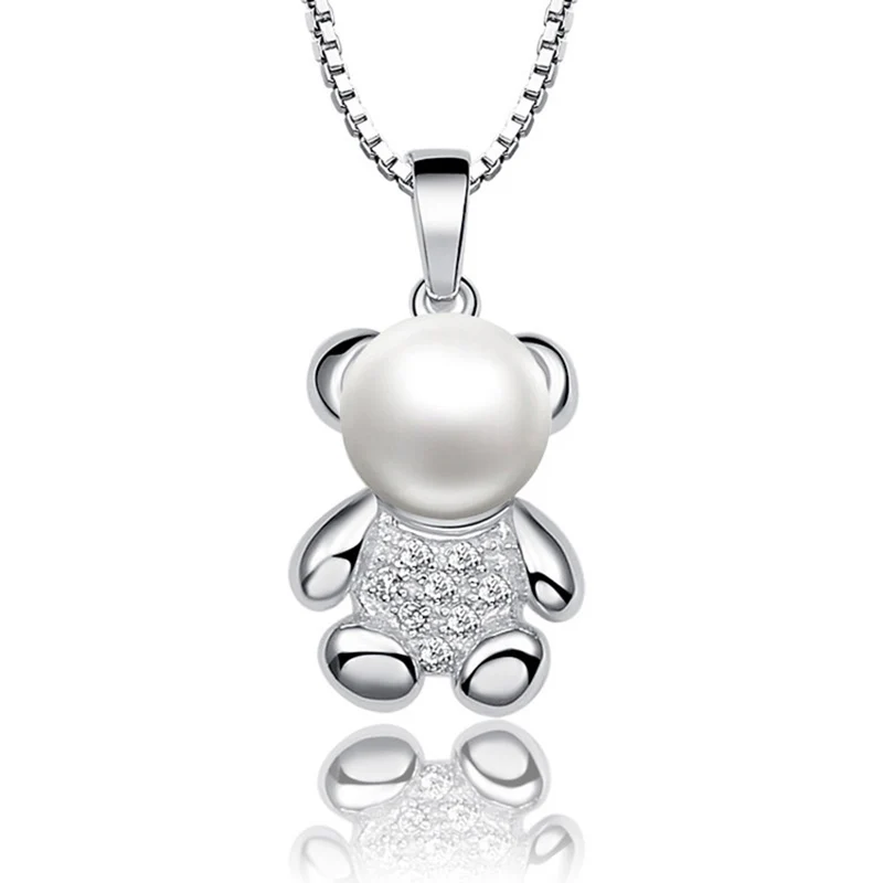 925 Sterling Silver Pendant Natural Freshwater Pearl Necklace for Girls Women Lovely Bear Design