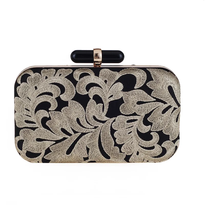Classic Floral Embroidery Black Evening Bag for Women Shoulder Handbag