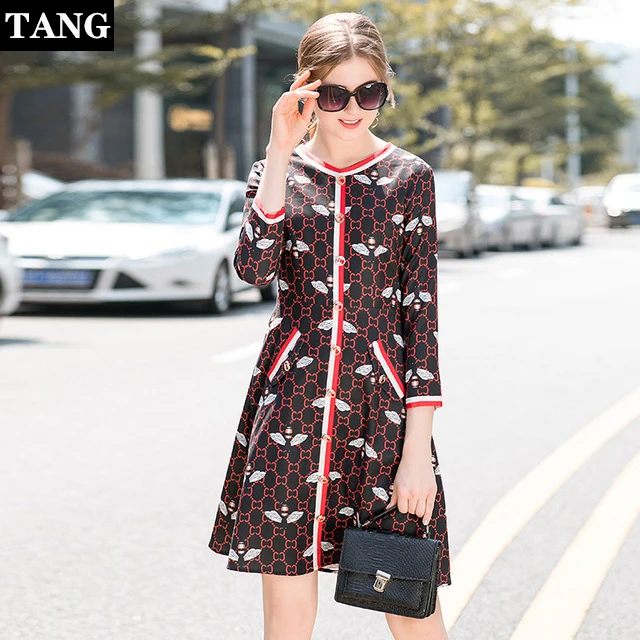 

Women Vintage Bee Printed A-line Party Dress Long Sleeve O neck Mid Casual Dress 2019 Summer Autumn New Fashion Women Dress
