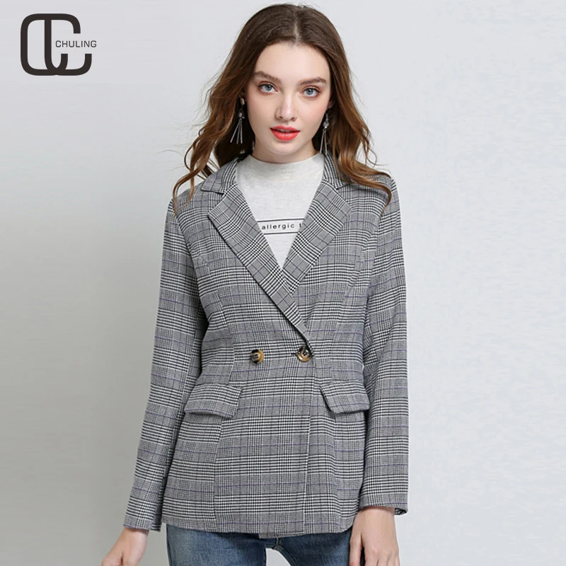 Autumn Elegant Women Office Turn down Collar Plaid Double
