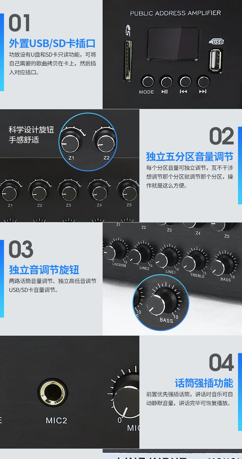 Профессиональная bluetooth система общественного вещания аудио амплитfier 120 Вт 5 зон управления фоновой музыкой SD/USB/радио