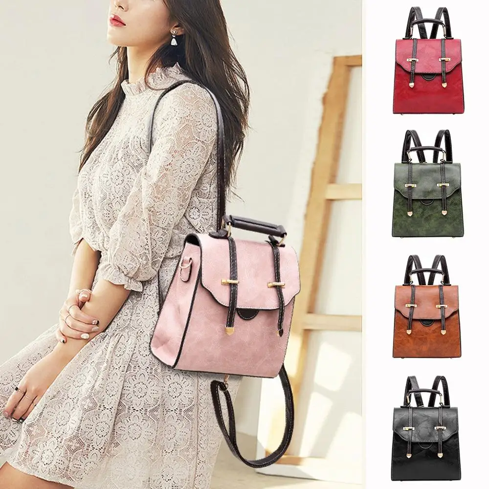 

2019 New Retro Leisure Women Backpack High Quality Leather Bag For Girl Bag Stitching Color Student Backpack Travel Bag
