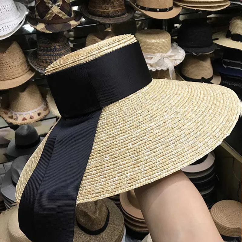 Women Classical Wheat Straw Hat Summer Cap 18cm Large Wide Brim Sun Hat Elegant Floppy Ribbon Beach Hat Vocation Derby Hat