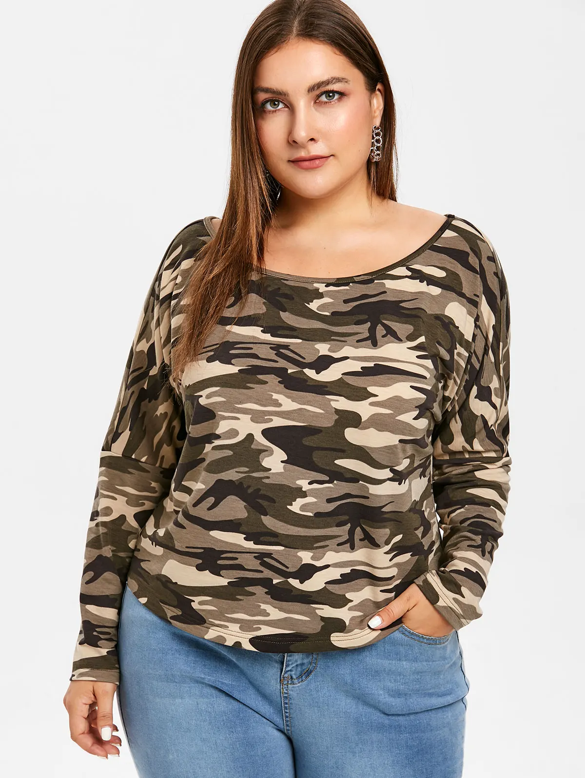 

ZAFUL Plus Size Women Clothes Camouflage T-Shirts Summer Long Sleeve Military Camo TShirt Office Lady Tops Wear Tee Shirt Female